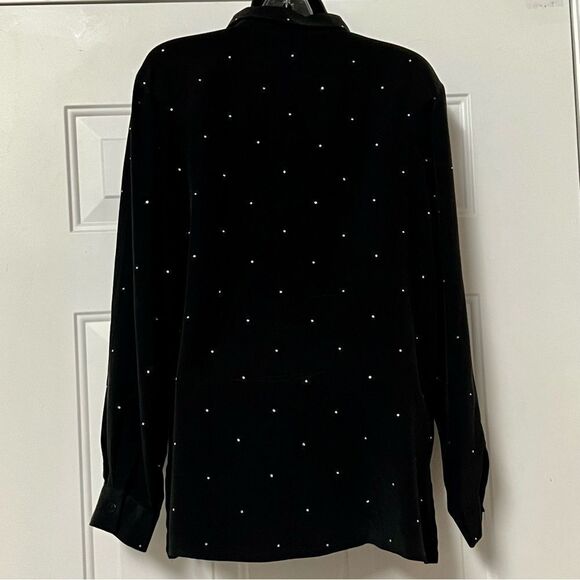 VTG 90s Quaker Factory Black Silk Crystal Soarkle Dot Popover Button Up Tunic S - Picture 2 of 11
